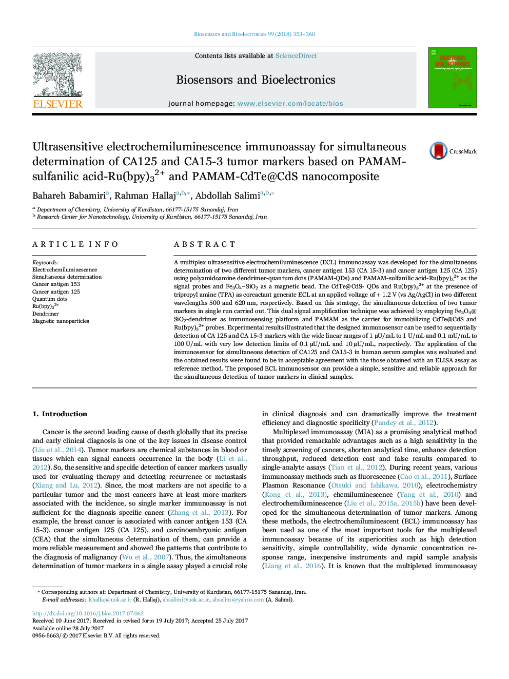 Ultrasensitive electrochemiluminescence immunoassay for simultaneous determination of CA125 and CA15-3 tumor markers based on PAMAM-sulfanilic acid-Ru(bpy)32+ and PAMAM-CdTe@CdS nanocomposite