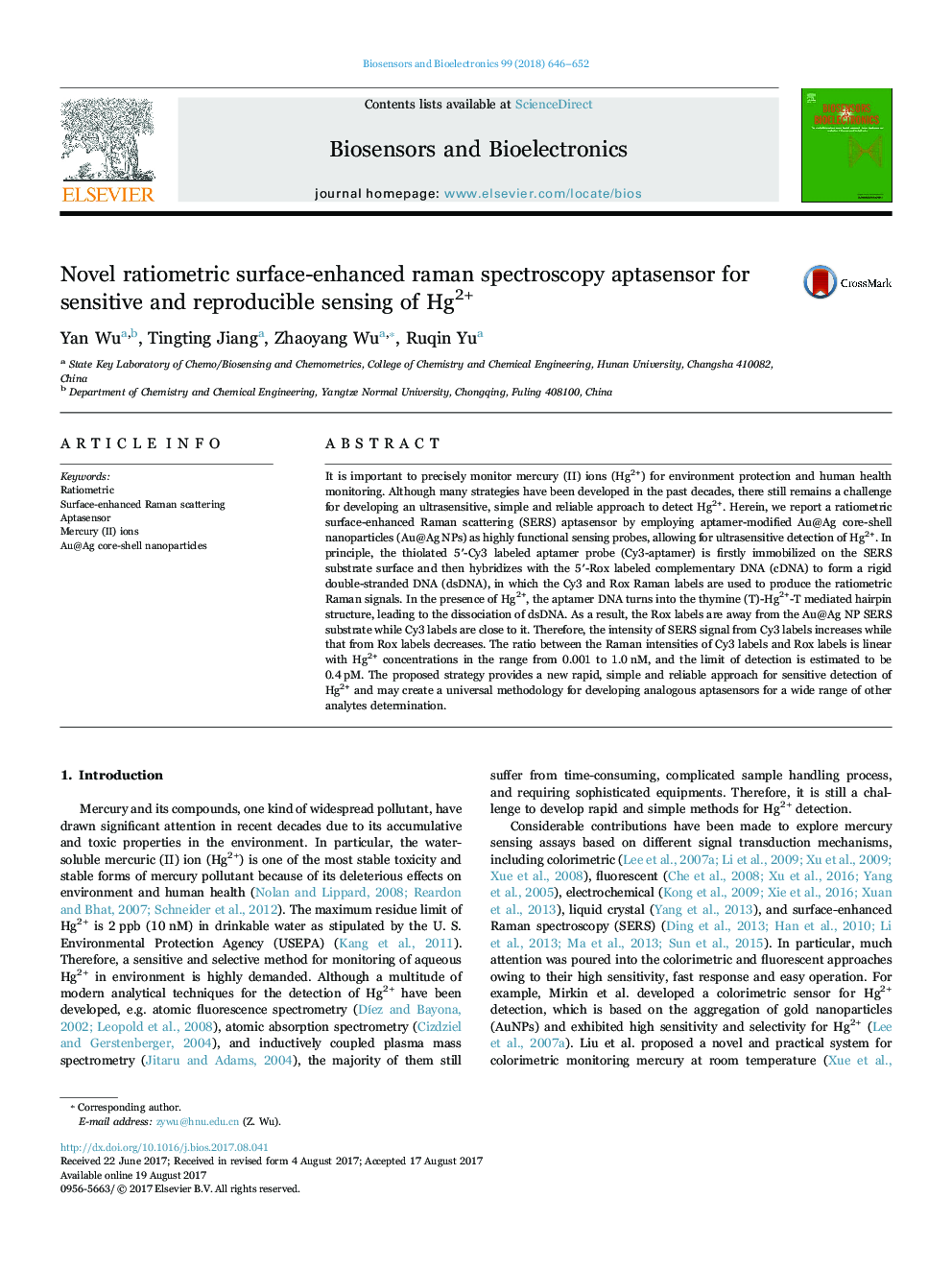 Novel ratiometric surface-enhanced raman spectroscopy aptasensor for sensitive and reproducible sensing of Hg2+