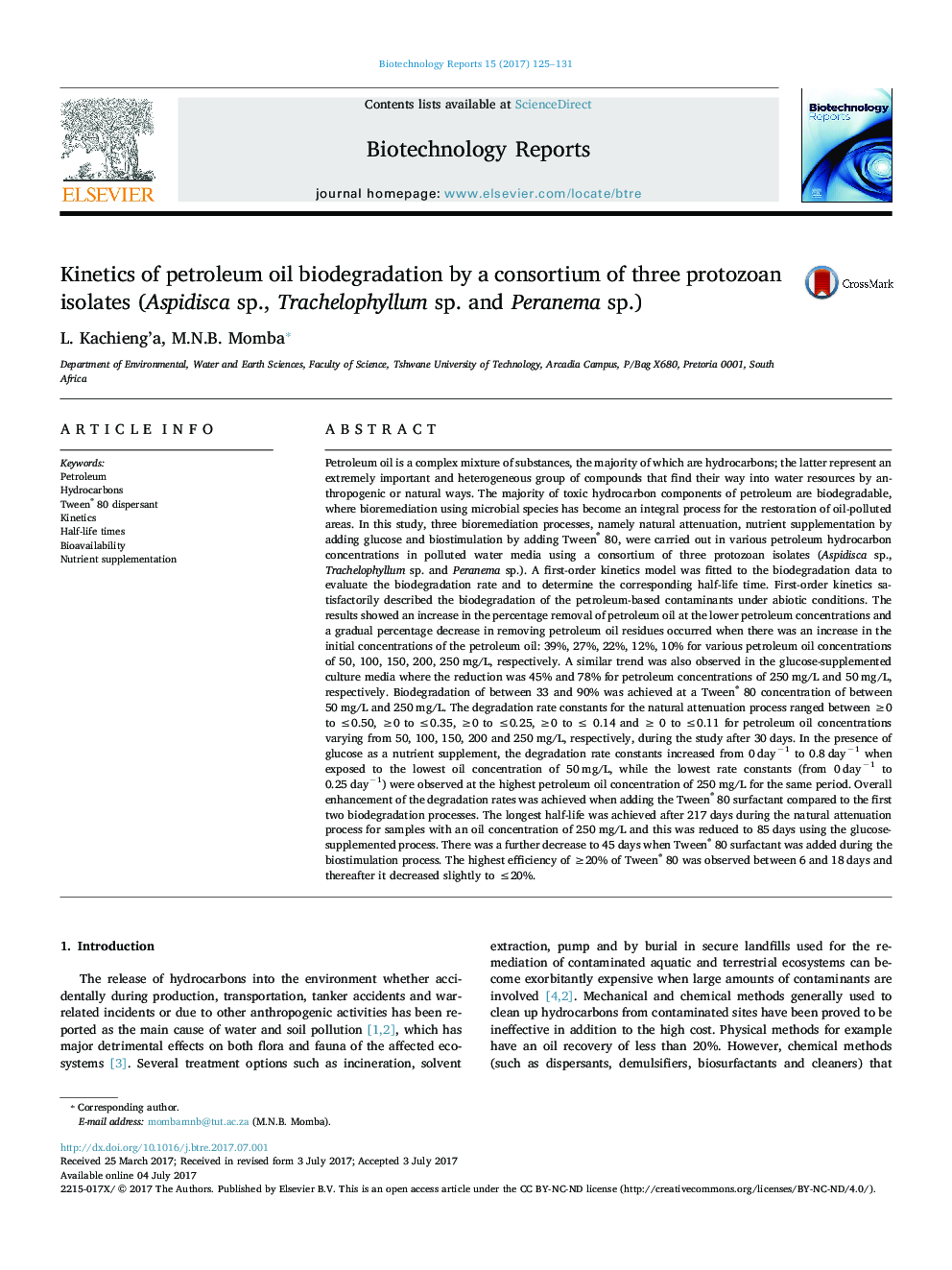 Kinetics of petroleum oil biodegradation by a consortium of three protozoan isolates (Aspidisca sp., Trachelophyllum sp. and Peranema sp.)