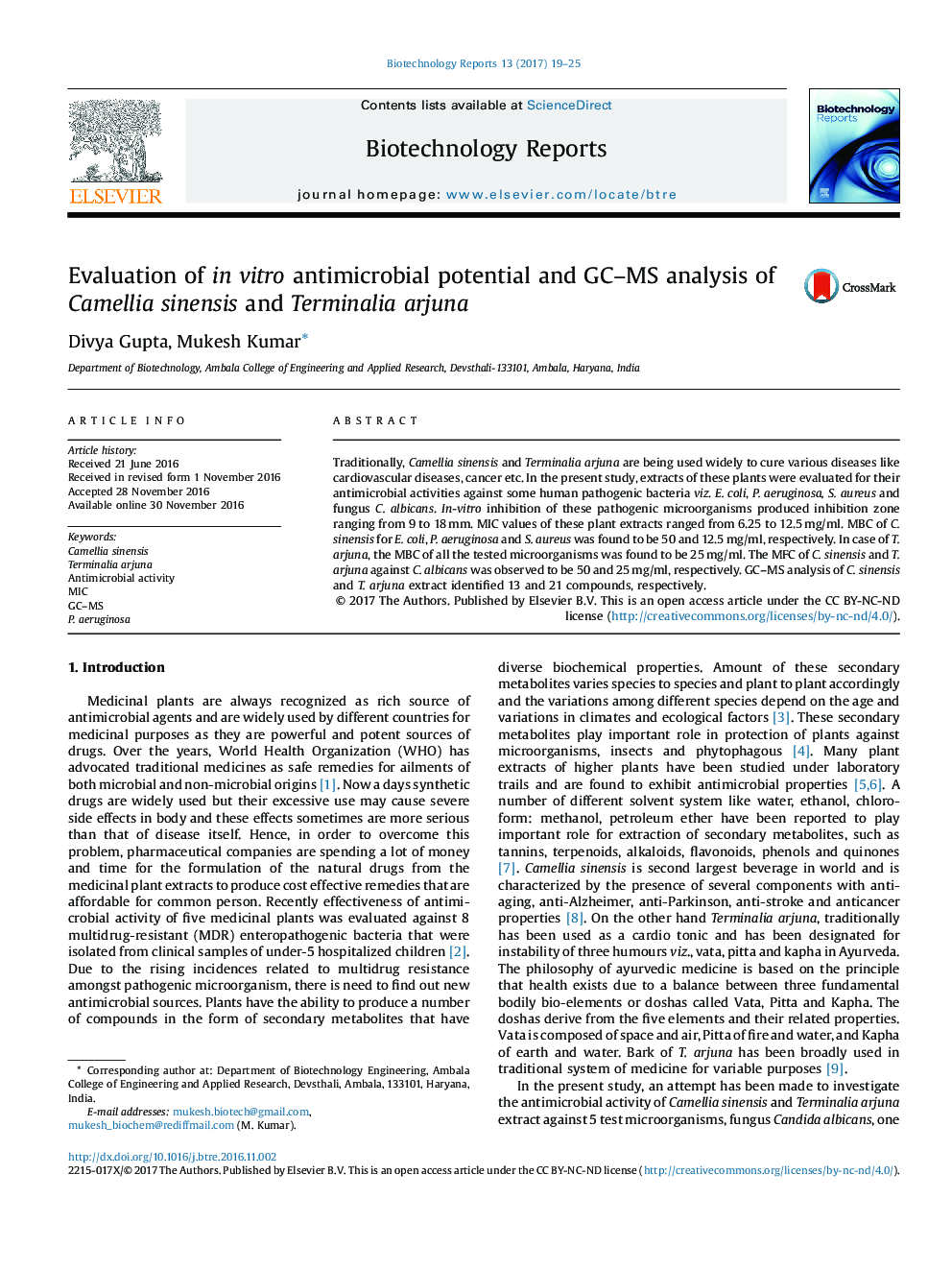 Evaluation of in vitro antimicrobial potential and GC-MS analysis of Camellia sinensis and Terminalia arjuna