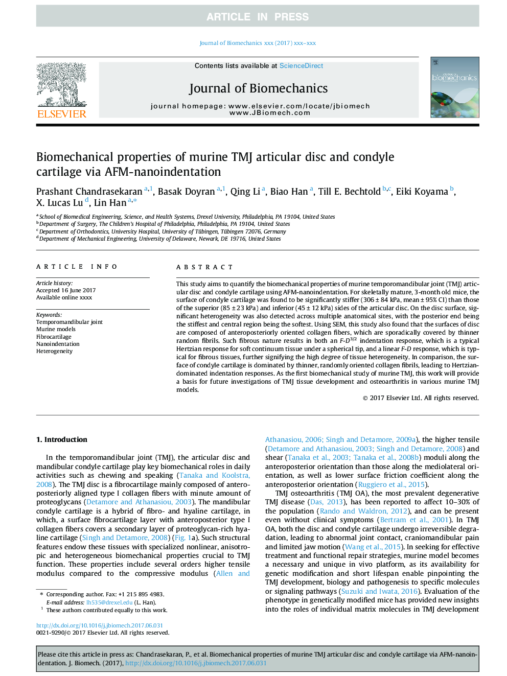 Biomechanical properties of murine TMJ articular disc and condyle cartilage via AFM-nanoindentation