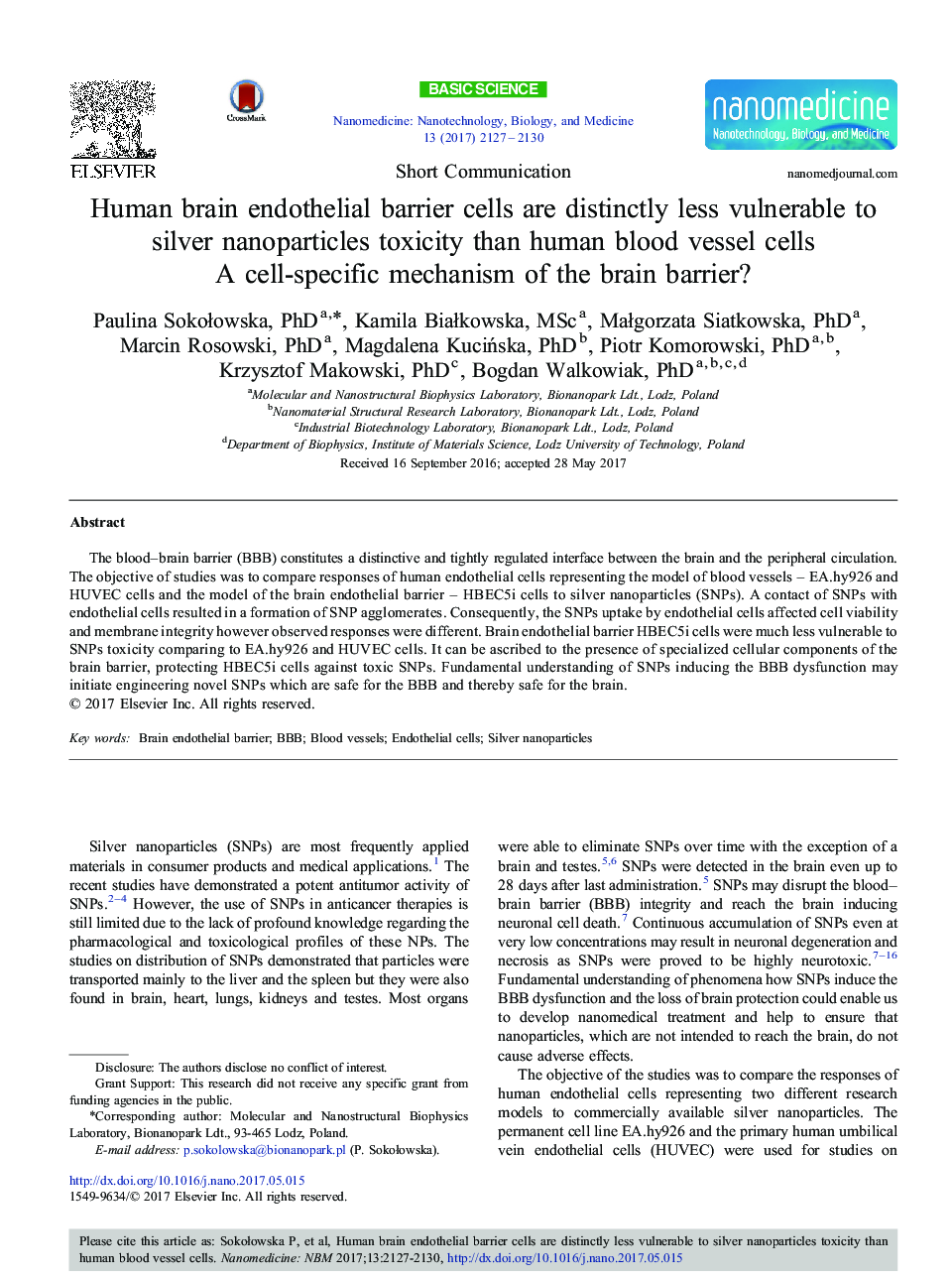ارتباط کوتاه ارتباط سلولی سلولهای اندوتلیال مغز انسان با سمیت نانوذرات نقره نسبت به سلول های عروق خون انسان آشکارا کمتر است: مکانیسم خاص سلولی مانع مغز؟ 