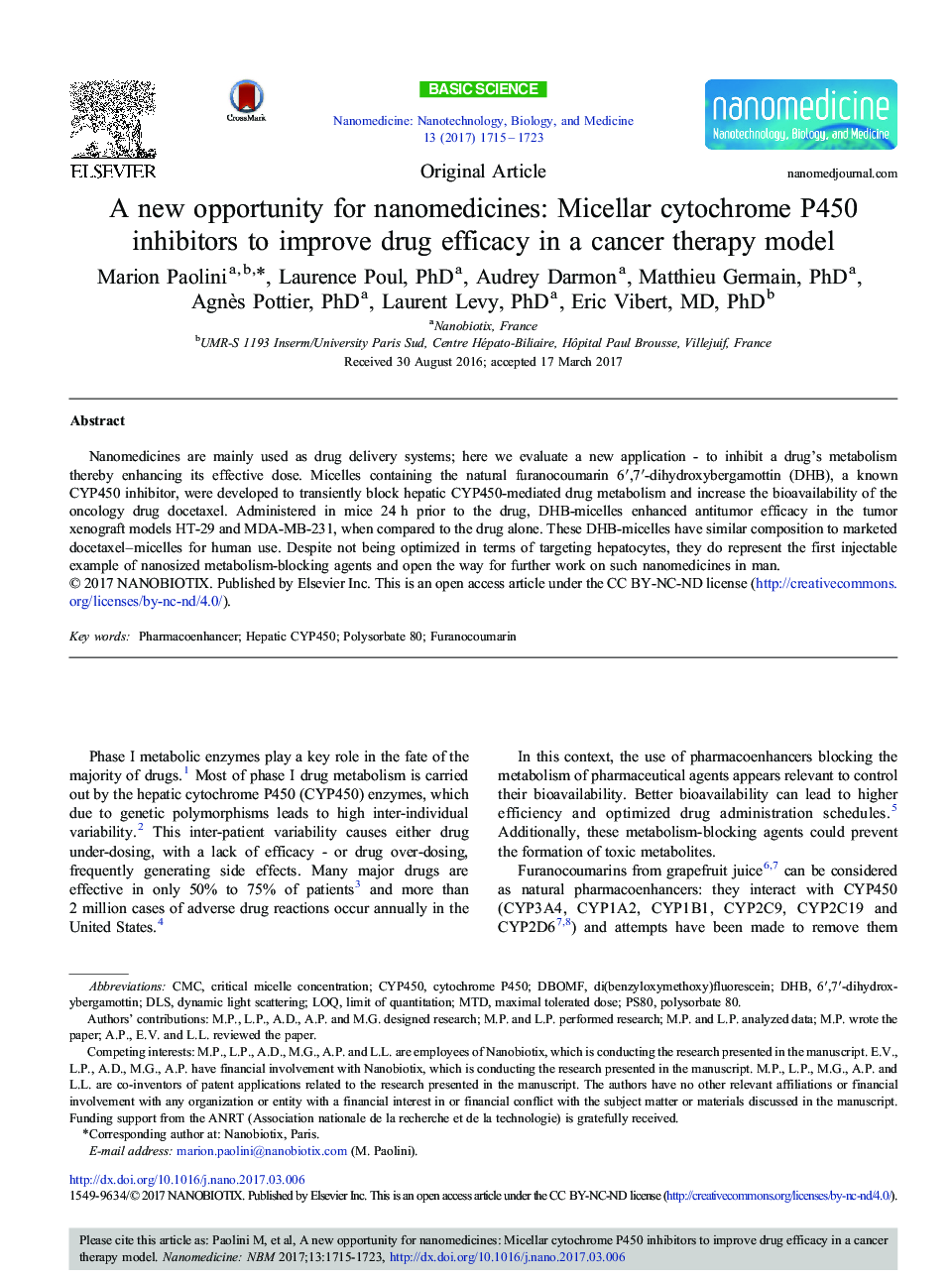 Original ArticleA new opportunity for nanomedicines: Micellar cytochrome P450 inhibitors to improve drug efficacy in a cancer therapy model