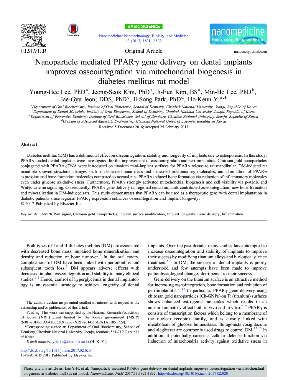 Original ArticleNanoparticle mediated PPARÎ³ gene delivery on dental implants improves osseointegration via mitochondrial biogenesis in diabetes mellitus rat model