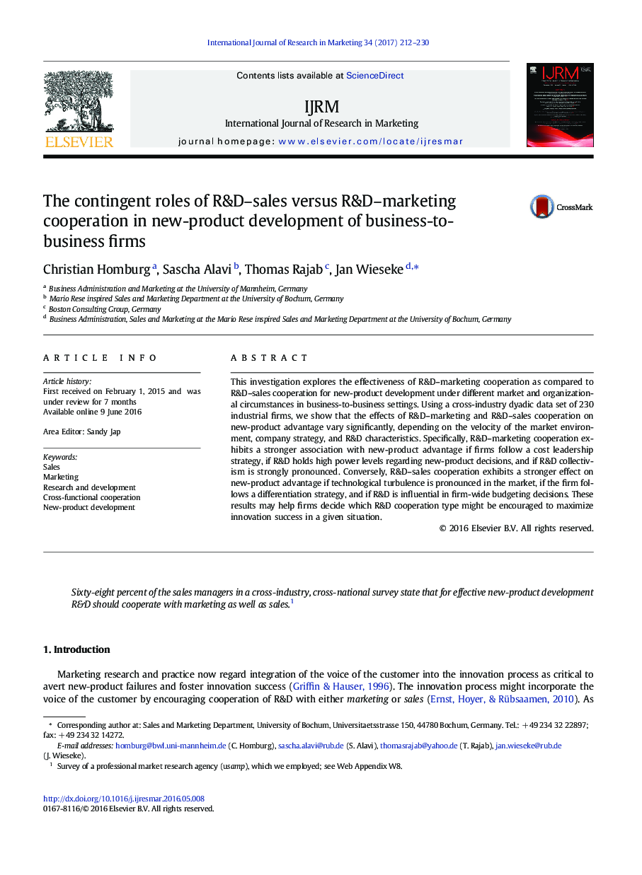 The contingent roles of R&D-sales versus R&D-marketing cooperation in new-product development of business-to-business firms