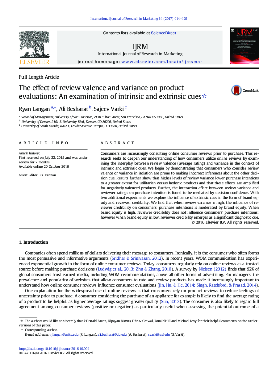 The effect of review valence and variance on product evaluations: An examination of intrinsic and extrinsic cues