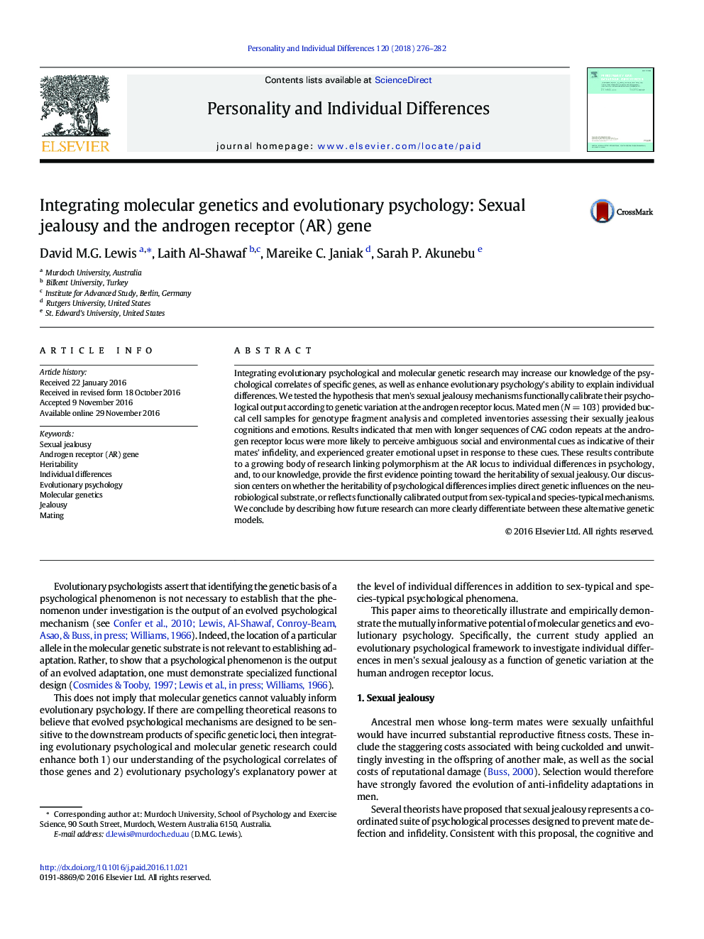 ادغام ژنتیک مولکولی و روانشناسی تکاملی: حسادت جنسی و ژن گیرنده آندروژن (AR)
