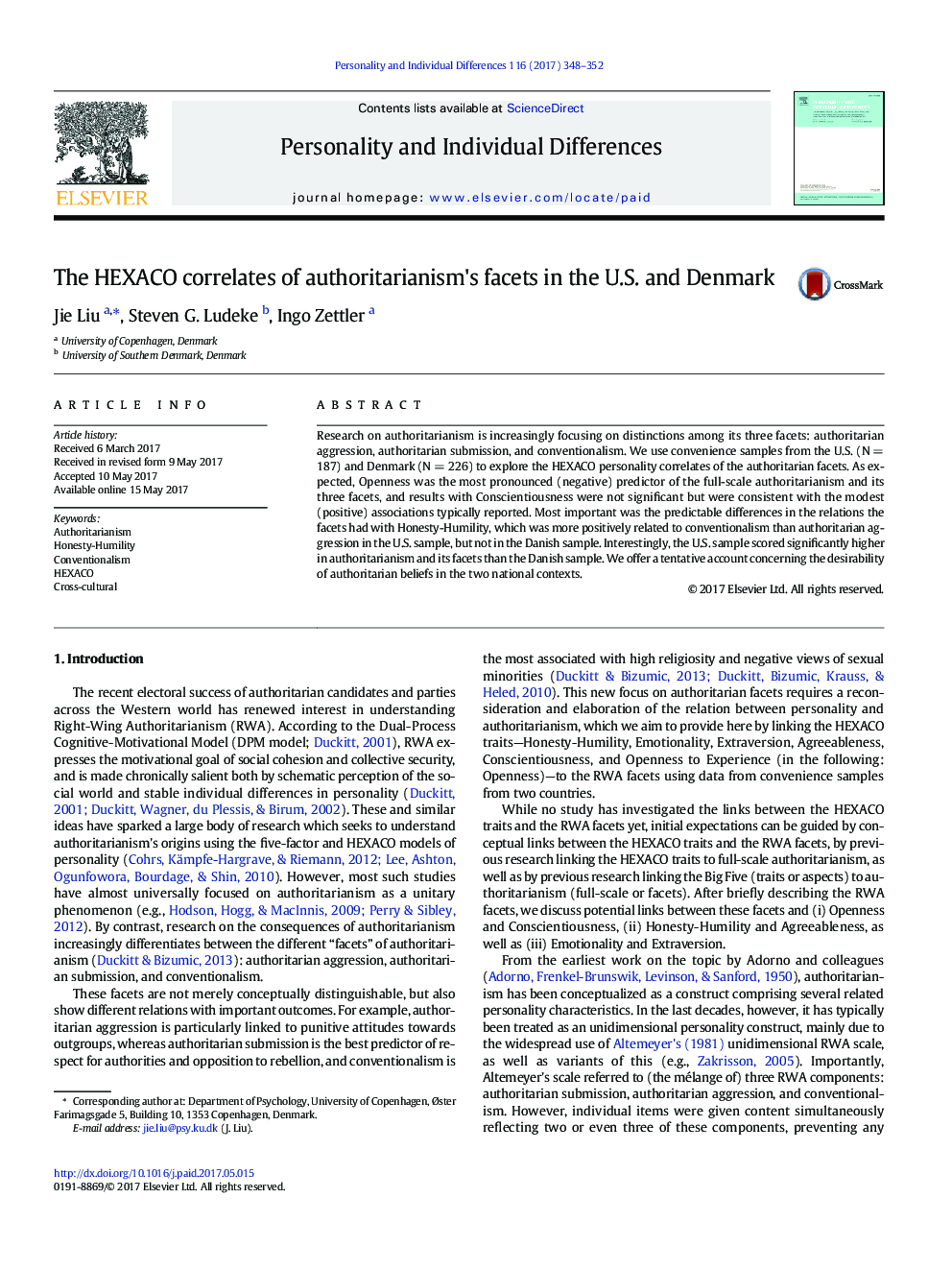 The HEXACO correlates of authoritarianism's facets in the U.S. and Denmark