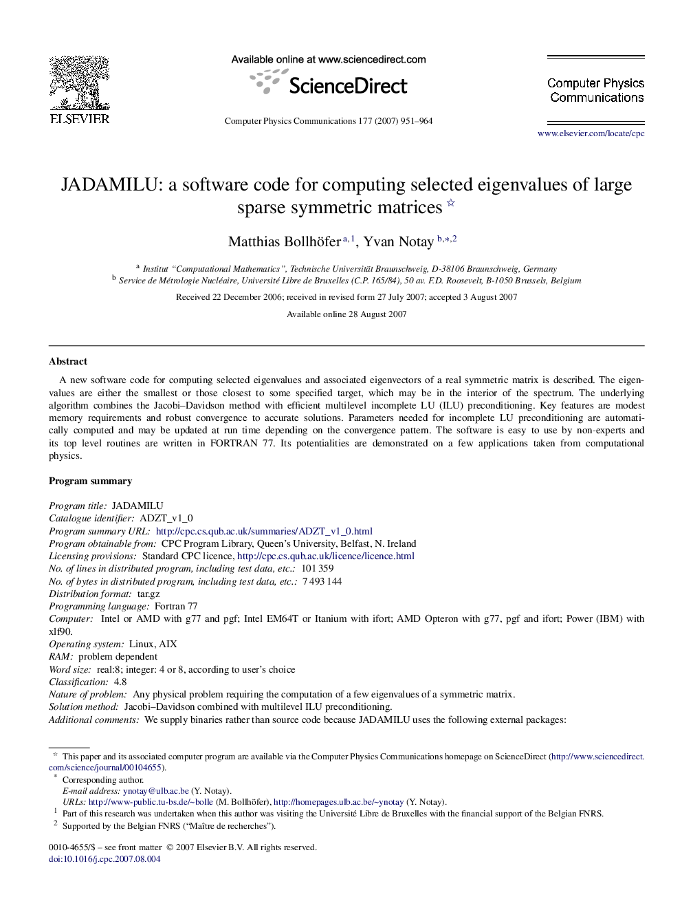 JADAMILU: a software code for computing selected eigenvalues of large sparse symmetric matrices 