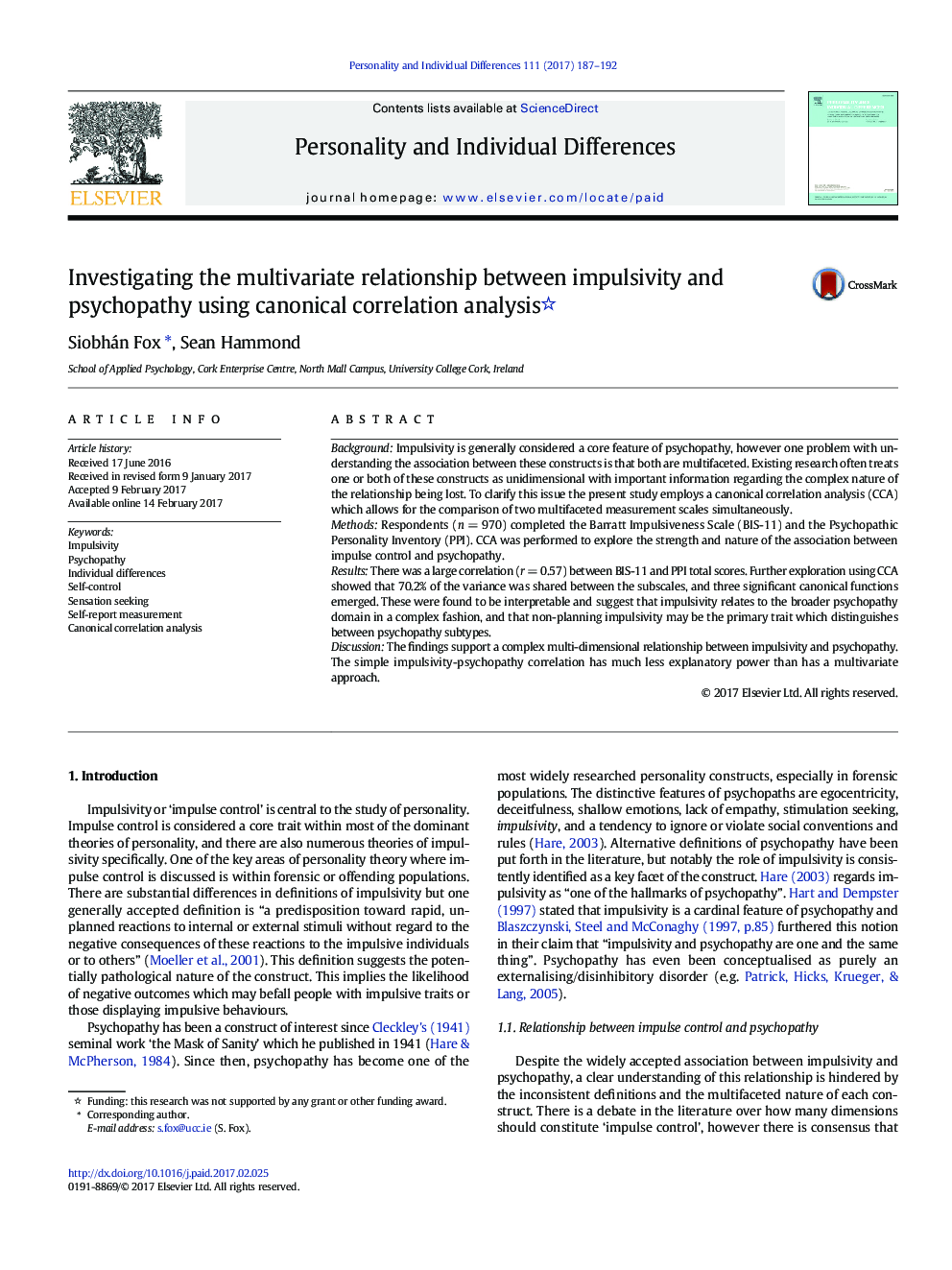 بررسی رابطه چند متغیره بین تکانشی و روانپزشکی با استفاده از تحلیل همبستگی کانونی 