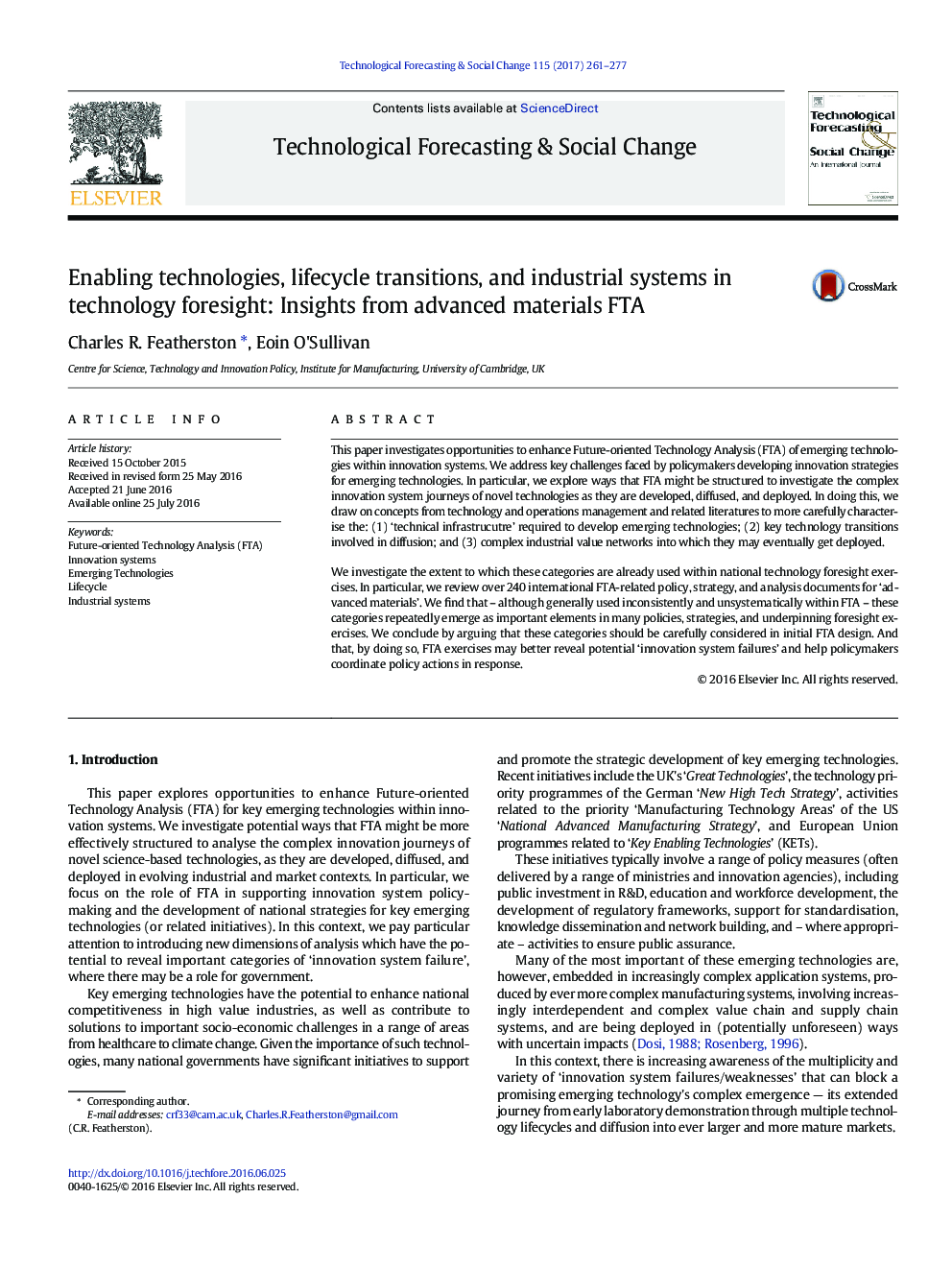 Enabling technologies, lifecycle transitions, and industrial systems in technology foresight: Insights from advanced materials FTA