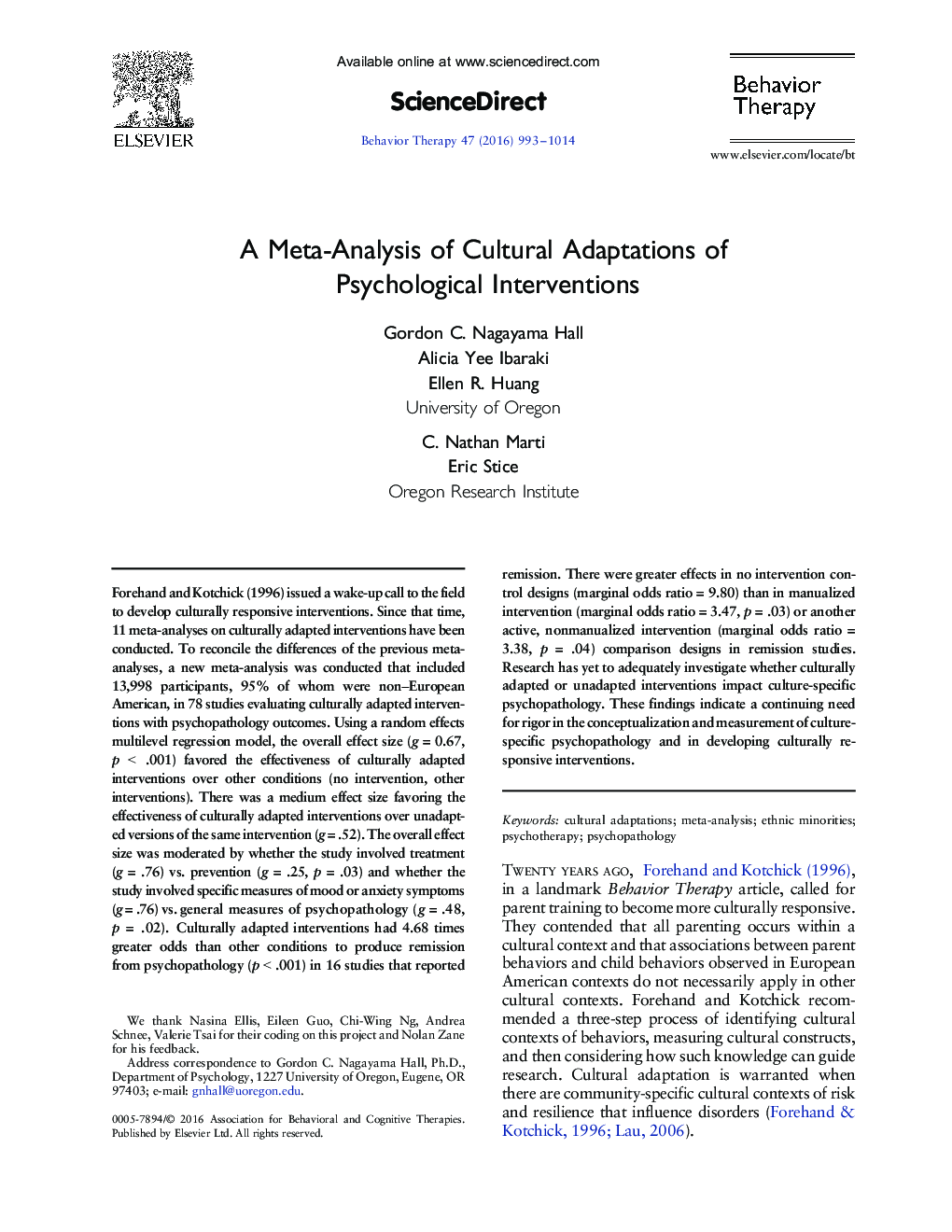 A Meta-Analysis of Cultural Adaptations of Psychological Interventions