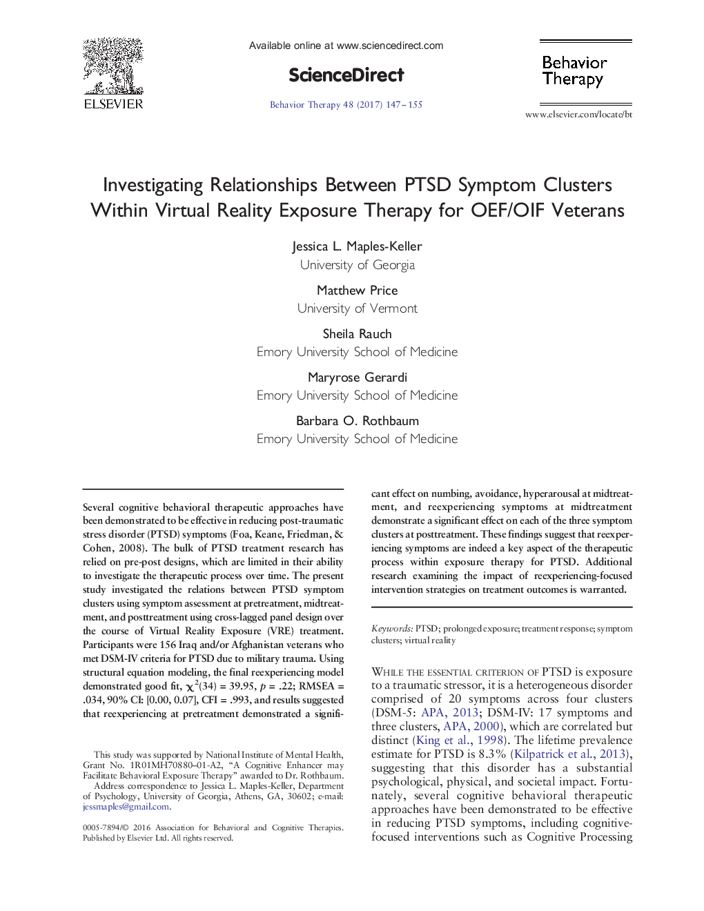 Investigating Relationships Between PTSD Symptom Clusters Within Virtual Reality Exposure Therapy for OEF/OIF Veterans