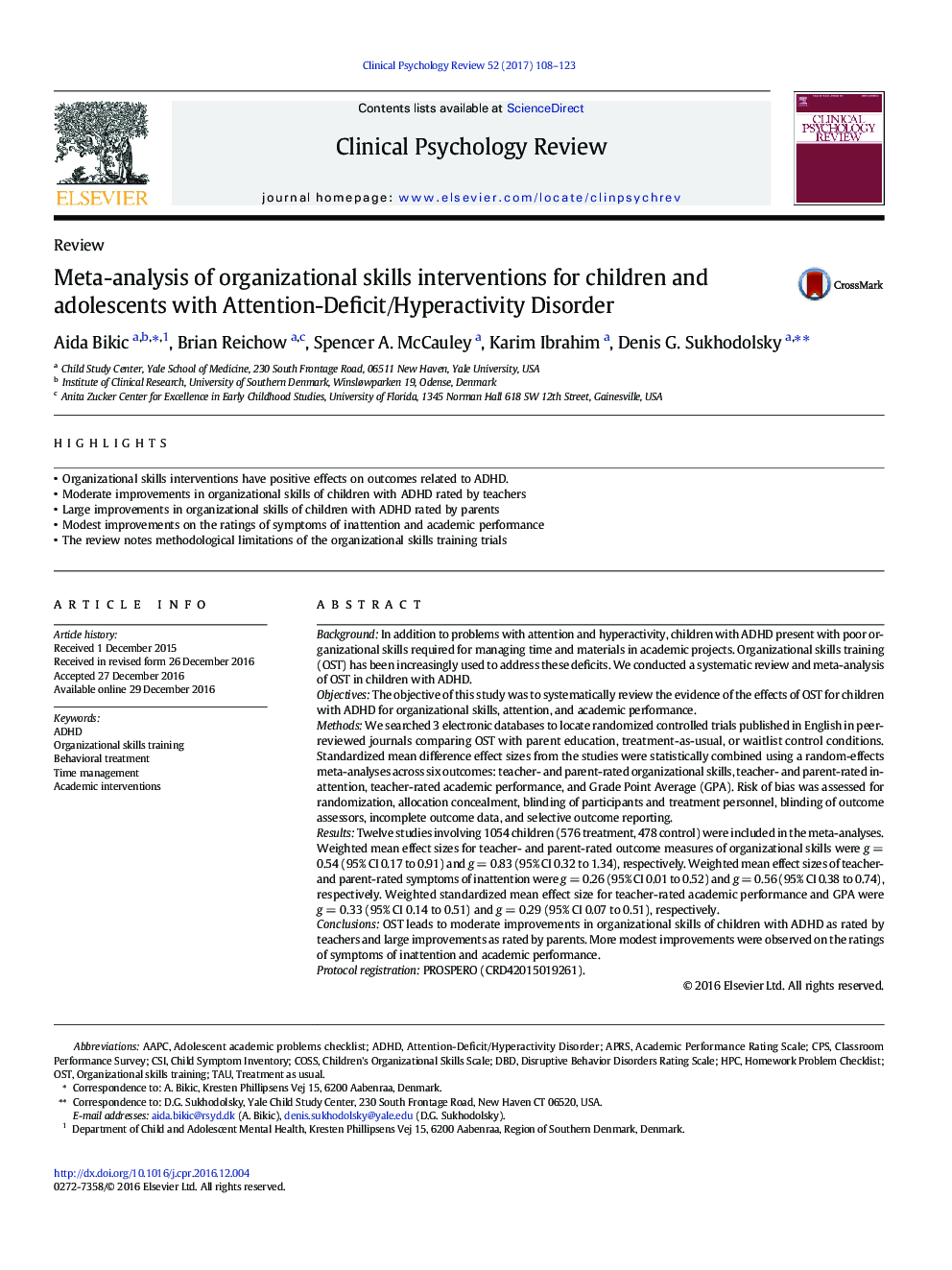 متاآنالیز مداخلات مهارت های سازمانی برای کودکان و نوجوانان مبتلا به اختلال کمبود توجه / بیش فعالی 