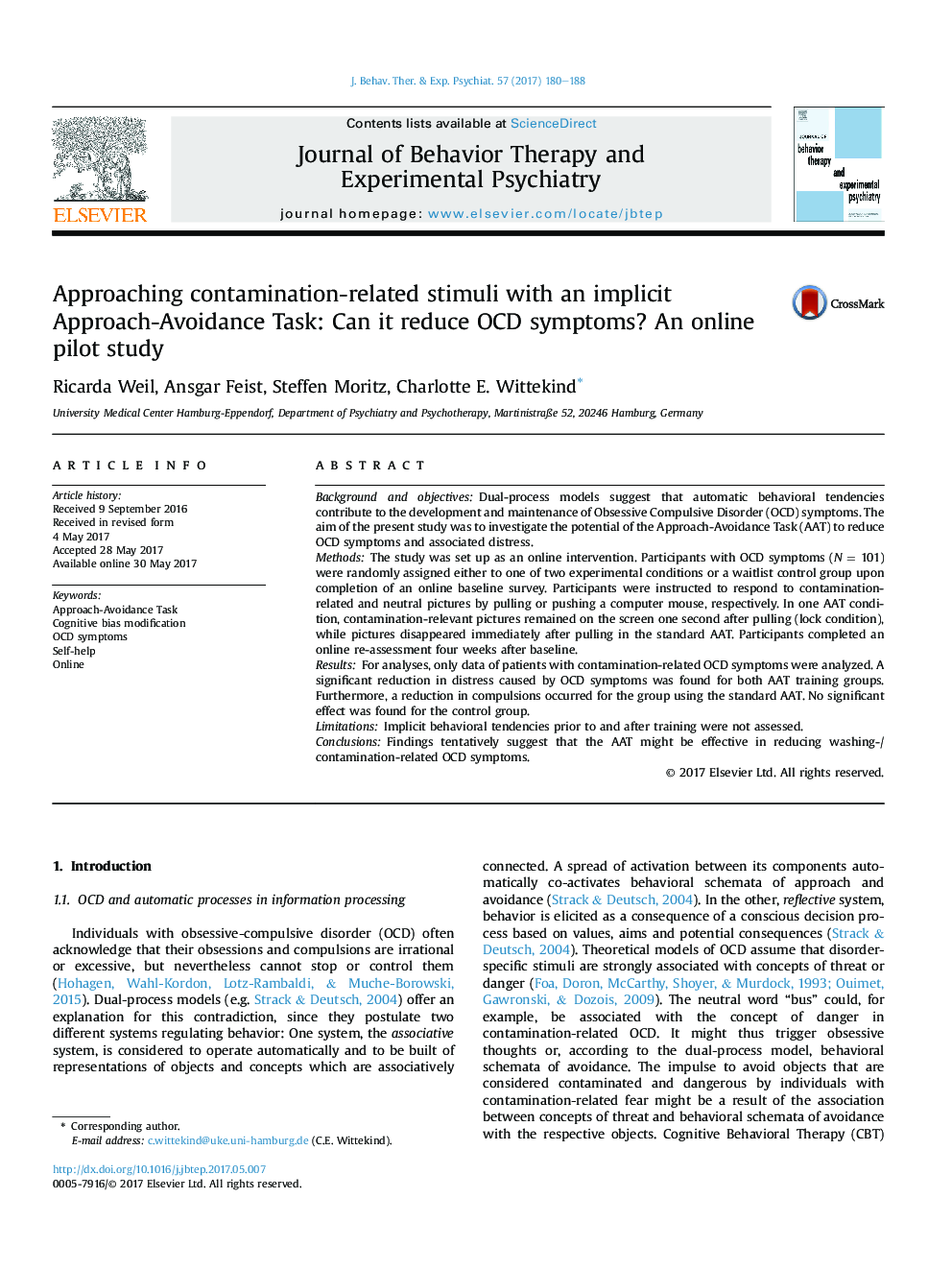 Approaching contamination-related stimuli with an implicit Approach-Avoidance Task: Can it reduce OCD symptoms? An online pilot study