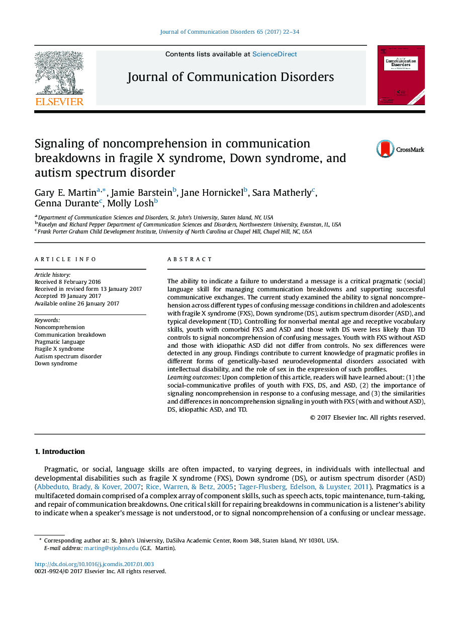 Signaling of noncomprehension in communication breakdowns in fragile X syndrome, Down syndrome, and autism spectrum disorder