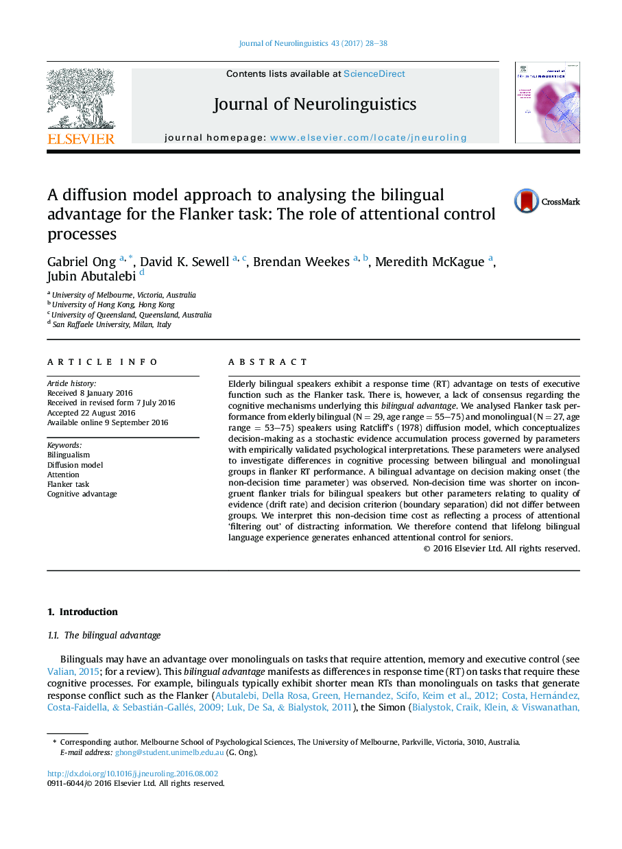 A diffusion model approach to analysing the bilingual advantage for the Flanker task: The role of attentional control processes