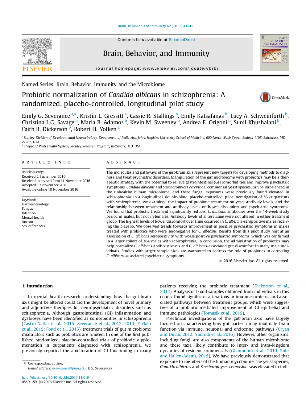 نرمال سازی پروبیوتیک کاندیدا آلبیکنس در اسکیزوفرنی: یک مطالعه آزمایشی تصادفی، کنترل شده با پلاسبو، طولی 
