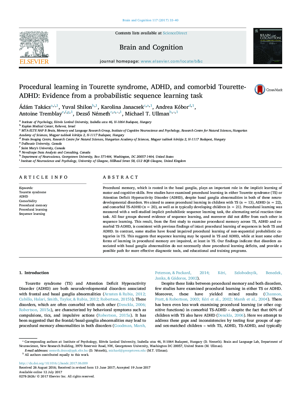 Procedural learning in Tourette syndrome, ADHD, and comorbid Tourette-ADHD: Evidence from a probabilistic sequence learning task