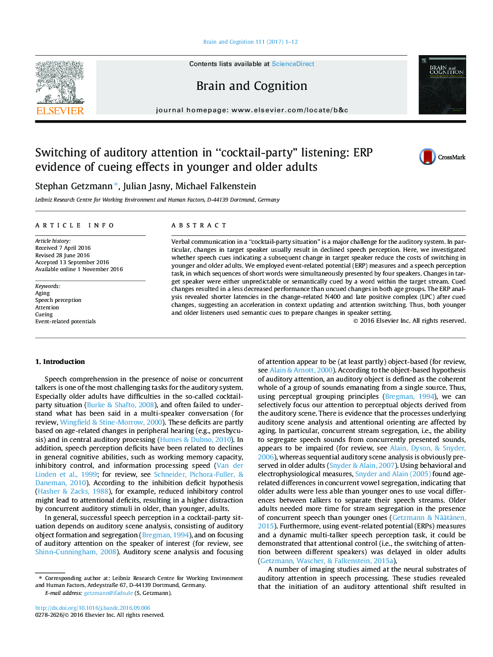 Switching of auditory attention in “cocktail-party” listening: ERP evidence of cueing effects in younger and older adults