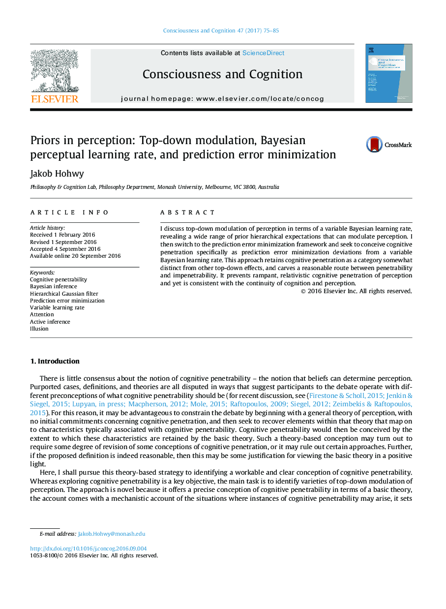 Priors in perception: Top-down modulation, Bayesian perceptual learning rate, and prediction error minimization