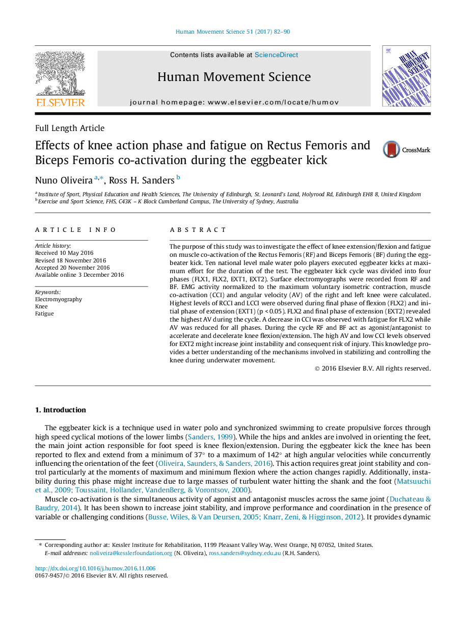 Full Length ArticleEffects of knee action phase and fatigue on Rectus Femoris and Biceps Femoris co-activation during the eggbeater kick