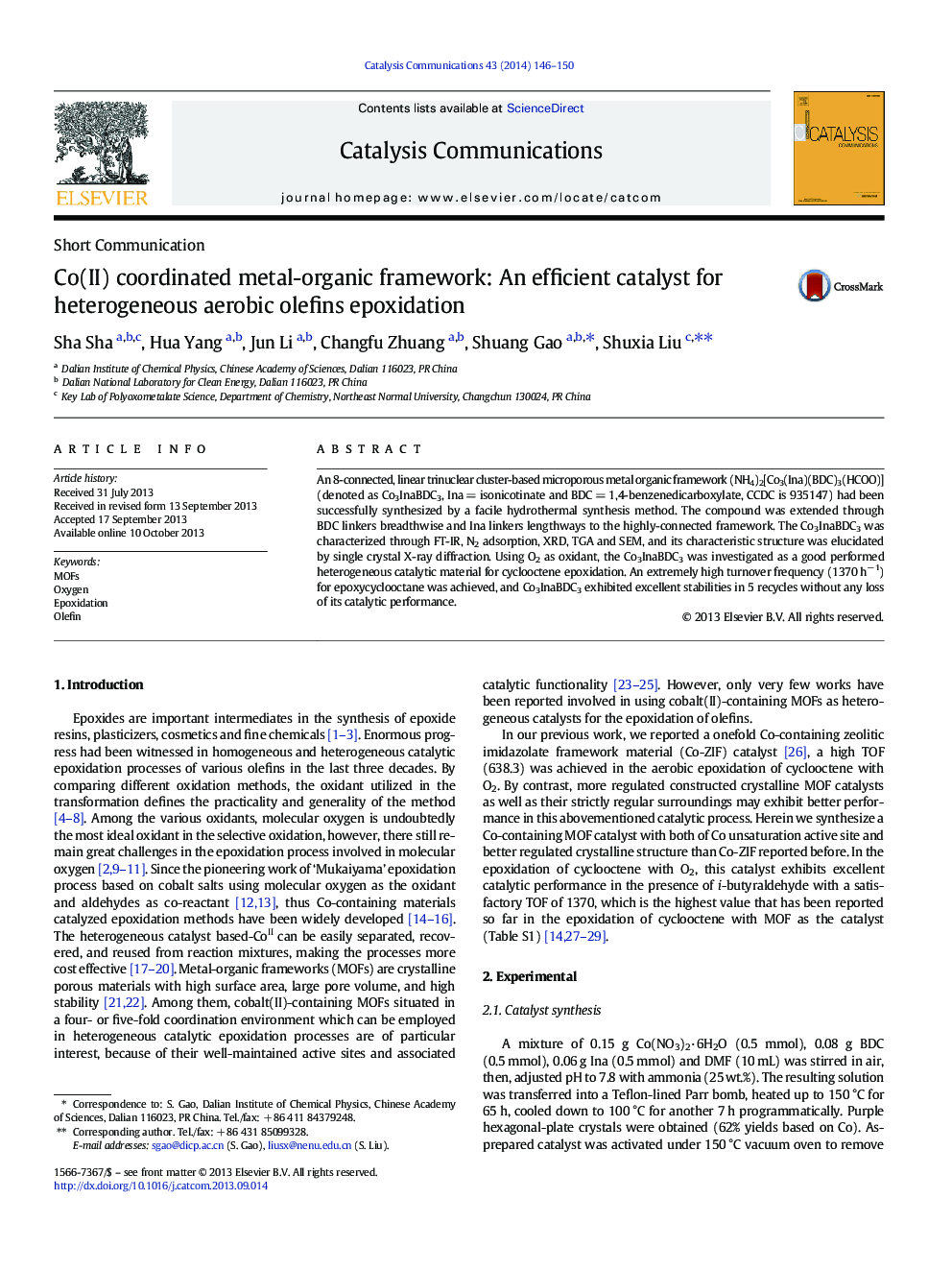 Co(II) coordinated metal-organic framework: An efficient catalyst for heterogeneous aerobic olefins epoxidation