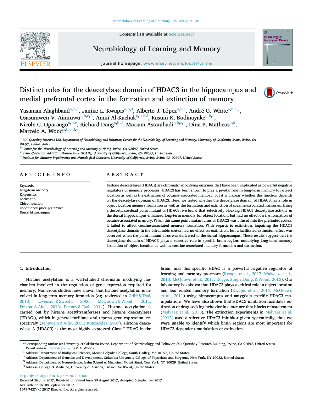 Distinct roles for the deacetylase domain of HDAC3 in the hippocampus and medial prefrontal cortex in the formation and extinction of memory