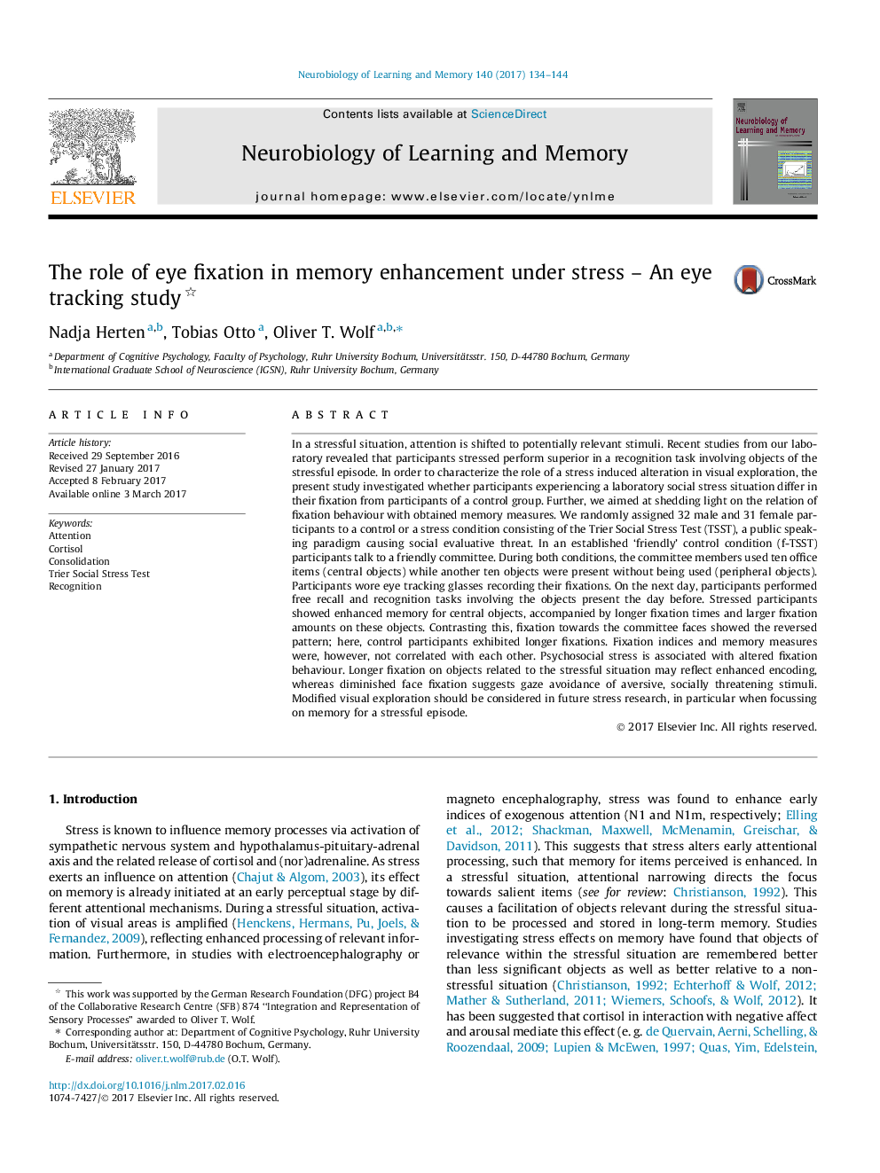 The role of eye fixation in memory enhancement under stress - An eye tracking study