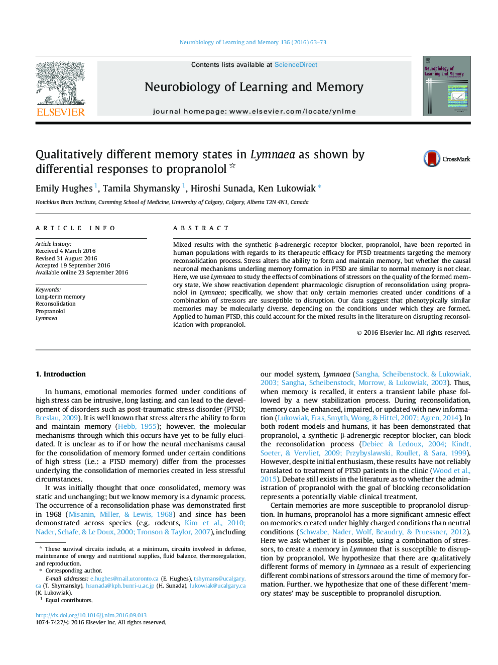 Qualitatively different memory states in Lymnaea as shown by differential responses to propranolol