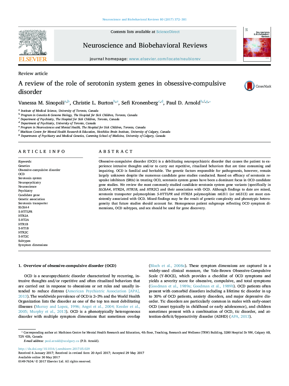 بررسی نقش ژنهای سیستم سروتونین در اختلال وسواسی-اجباری 