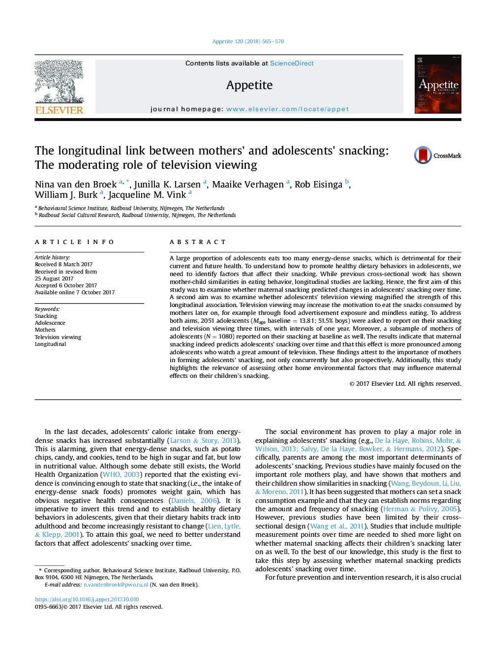 The longitudinal link between mothers' and adolescents' snacking: The moderating role of television viewing