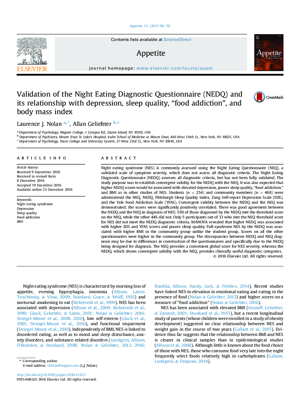 Validation of the Night Eating Diagnostic Questionnaire (NEDQ) and its relationship with depression, sleep quality, “food addiction”, and body mass index