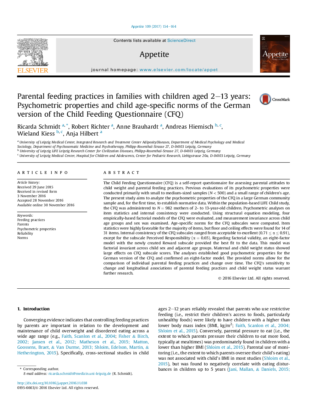 Parental feeding practices in families with children aged 2-13 years: Psychometric properties and child age-specific norms of the German version of the Child Feeding Questionnaire (CFQ)