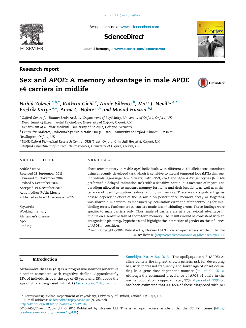 Sex and APOE: A memory advantage in male APOE Îµ4 carriers in midlife