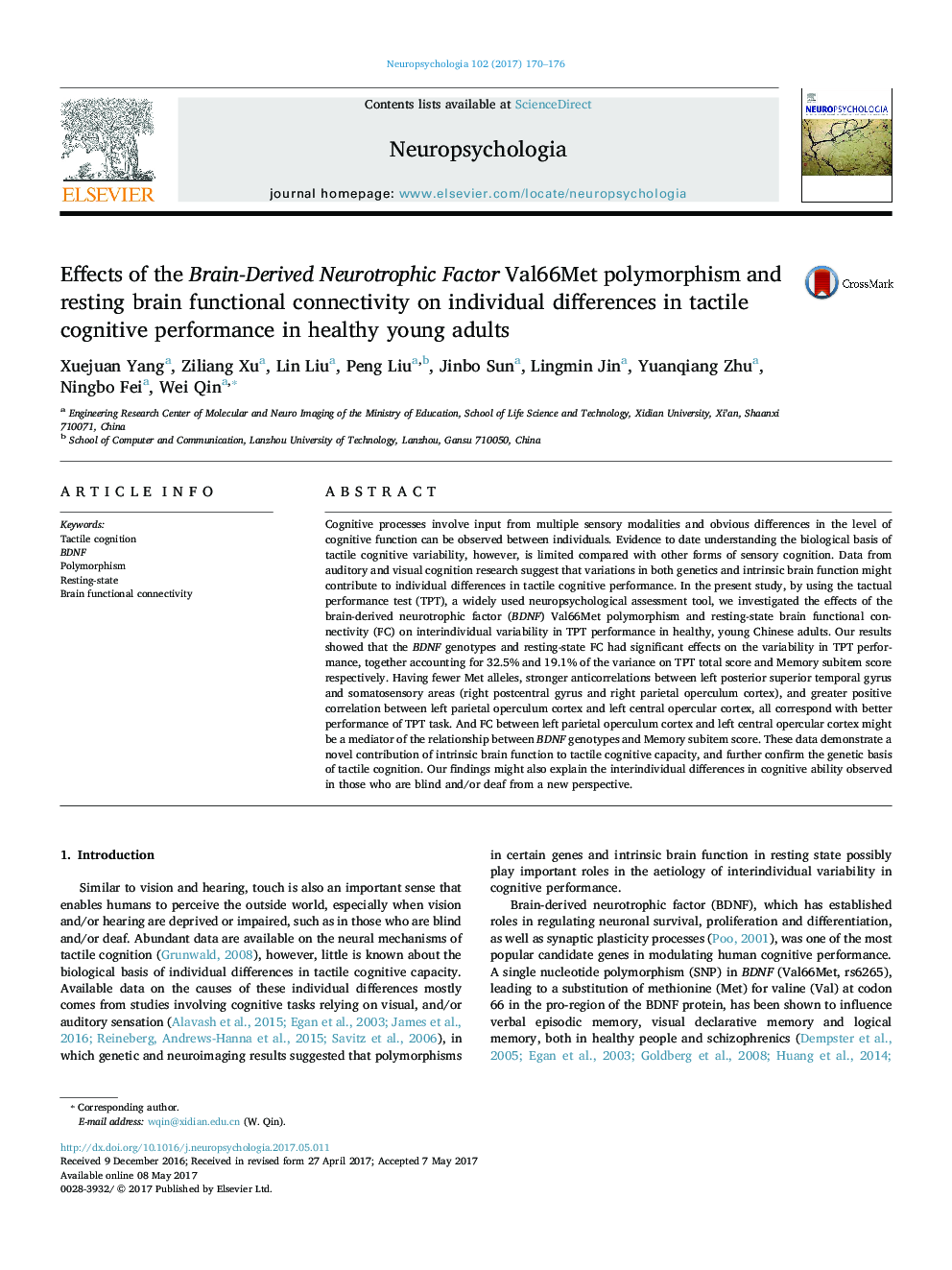 Effects of the Brain-Derived Neurotrophic Factor Val66Met polymorphism and resting brain functional connectivity on individual differences in tactile cognitive performance in healthy young adults