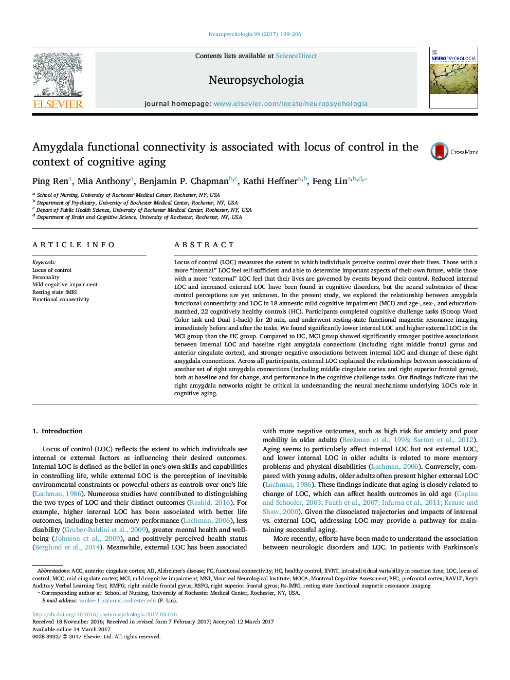 Amygdala functional connectivity is associated with locus of control in the context of cognitive aging