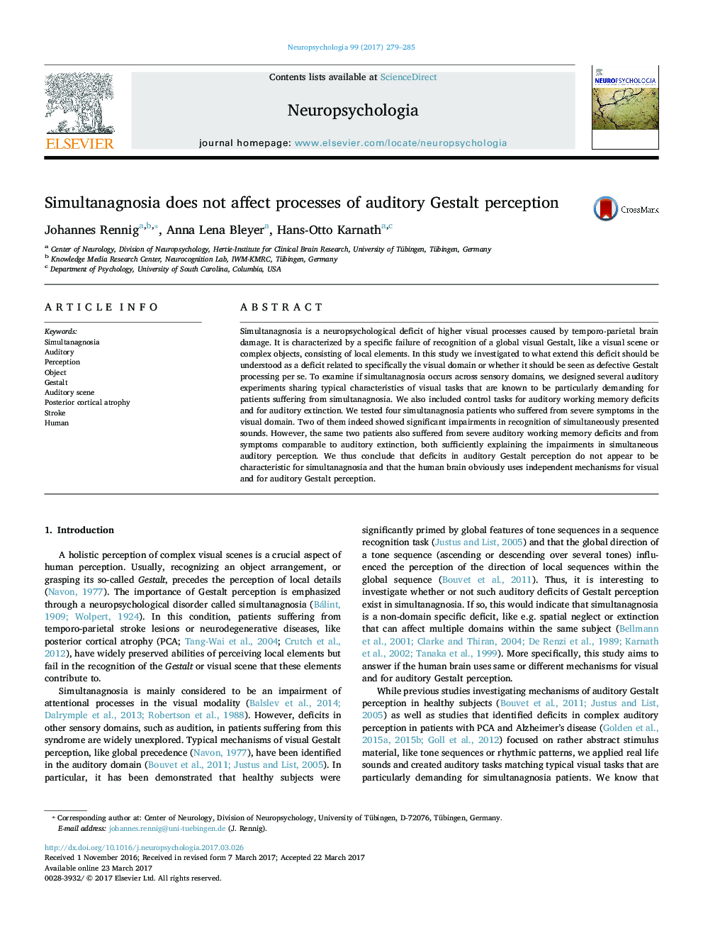 Simultanagnosia does not affect processes of auditory Gestalt perception