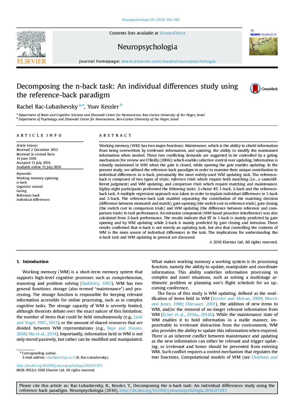 Decomposing the n-back task: An individual differences study using the reference-back paradigm