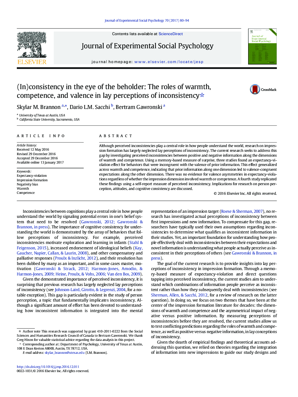 (In)consistency in the eye of the beholder: The roles of warmth, competence, and valence in lay perceptions of inconsistency
