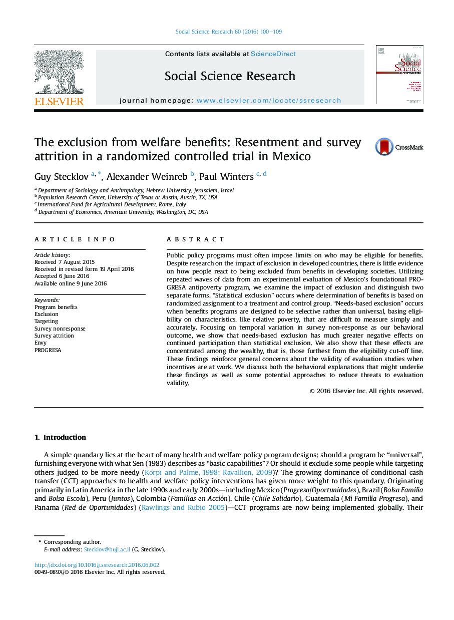 محرومیت از مزایای رفاه: خشم و انحراف از بررسی در یک کارآزمایی تصادفی کنترل شده در مکزیک 