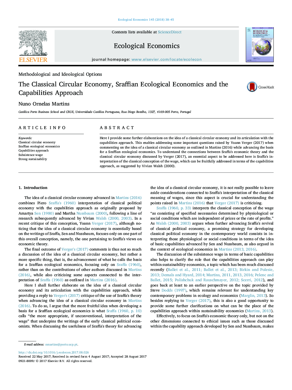 The Classical Circular Economy, Sraffian Ecological Economics and the Capabilities Approach