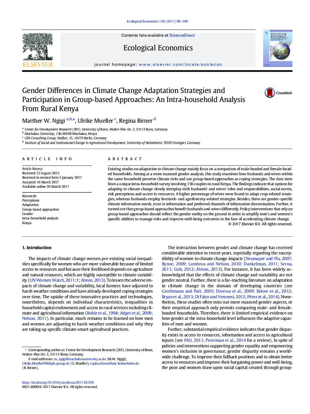 تفاوت های جنسیتی در استراتژی های سازگاری با تغییرات اقلیمی و مشارکت در رویکردهای مبتنی بر گروه: تجزیه و تحلیل درون خانواده از کنیا روستایی 