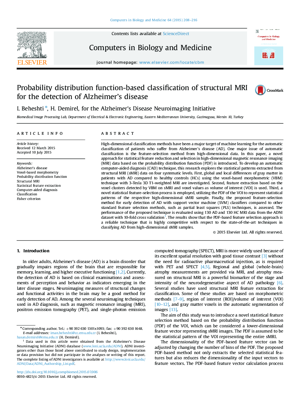 Probability distribution function-based classification of structural MRI for the detection of Alzheimer’s disease