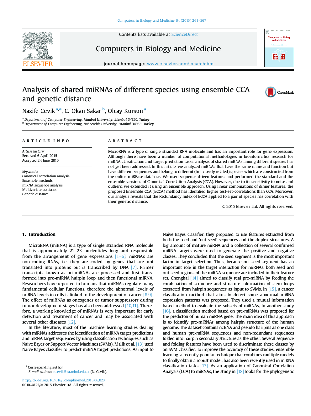 تجزیه و تحلیل miRNA های مشترک از گونه های مختلف با استفاده از مجموعه CCA و فاصله ژنتیکی