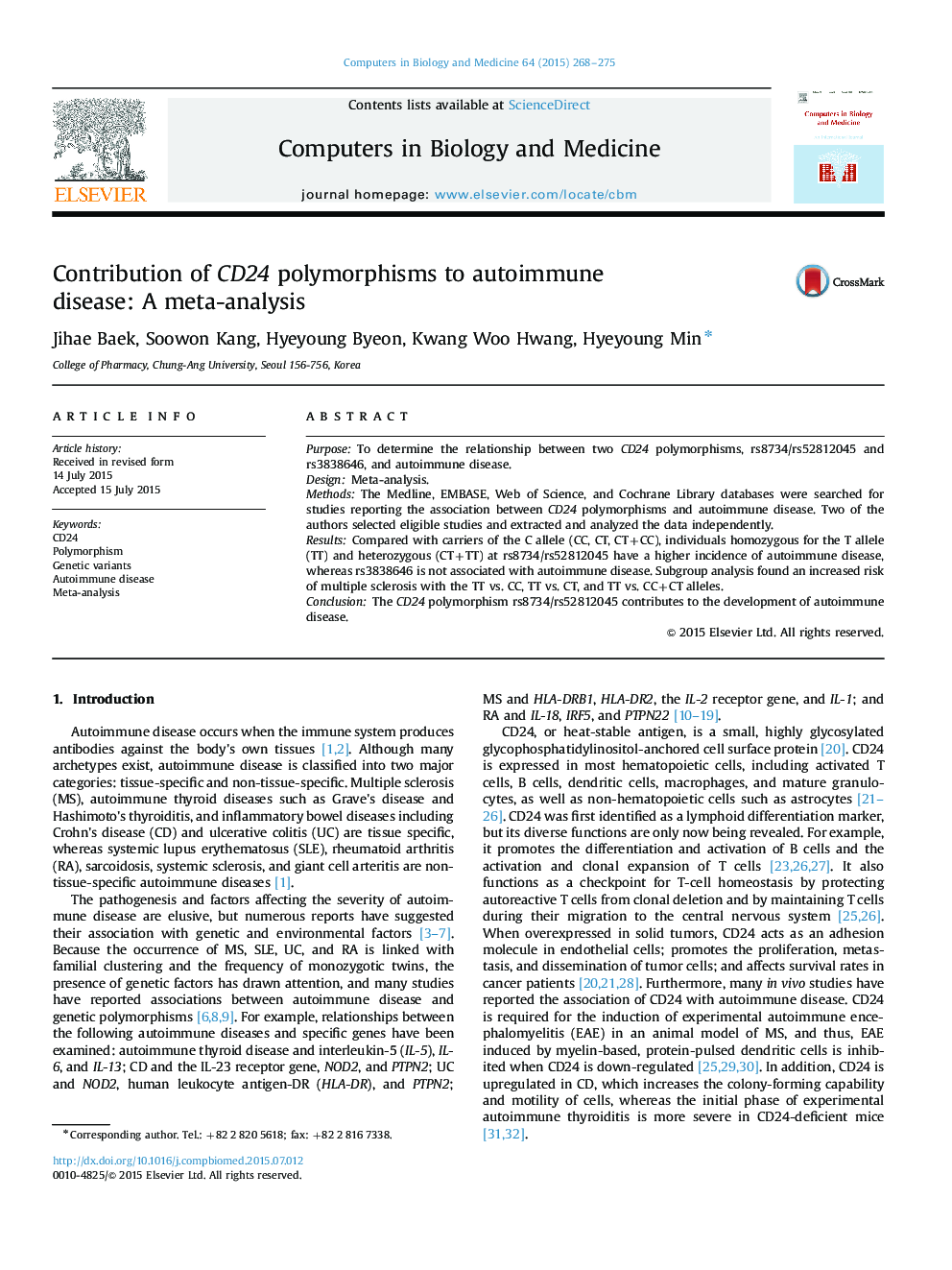 سهم پلی مورفیسم CD24 در بیماری های خودایمنی: یک متاآنالیز