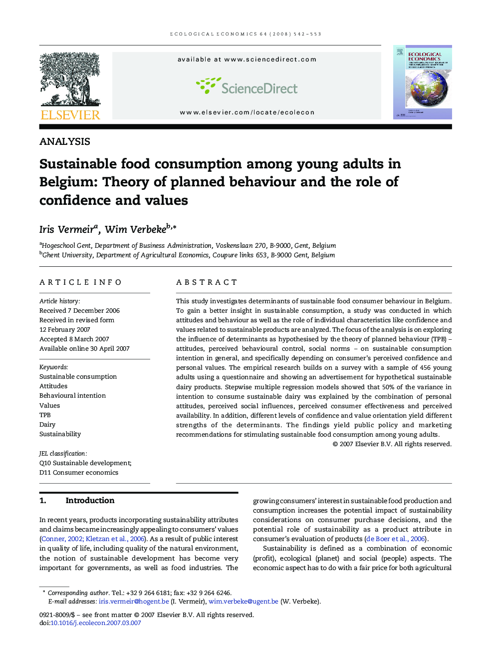 Sustainable food consumption among young adults in Belgium: Theory of planned behaviour and the role of confidence and values