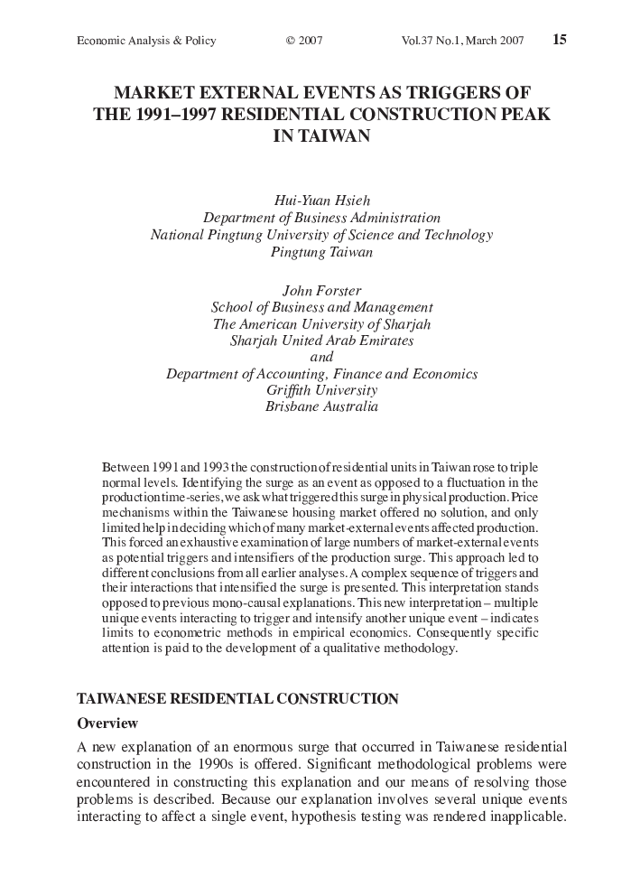 Market External Events as Triggers of The 1991-1997 Residential Construction Peak in Taiwan