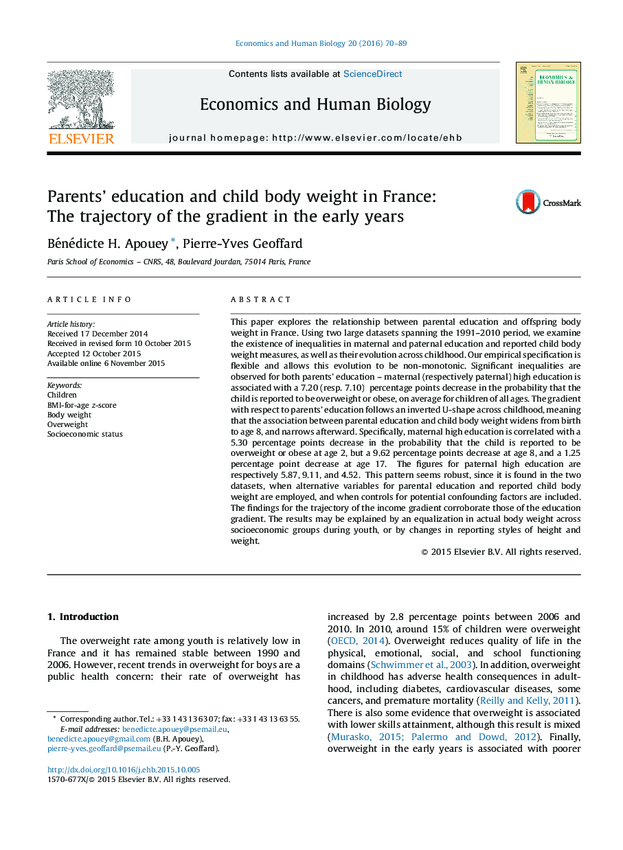 Parents' education and child body weight in France: The trajectory of the gradient in the early years