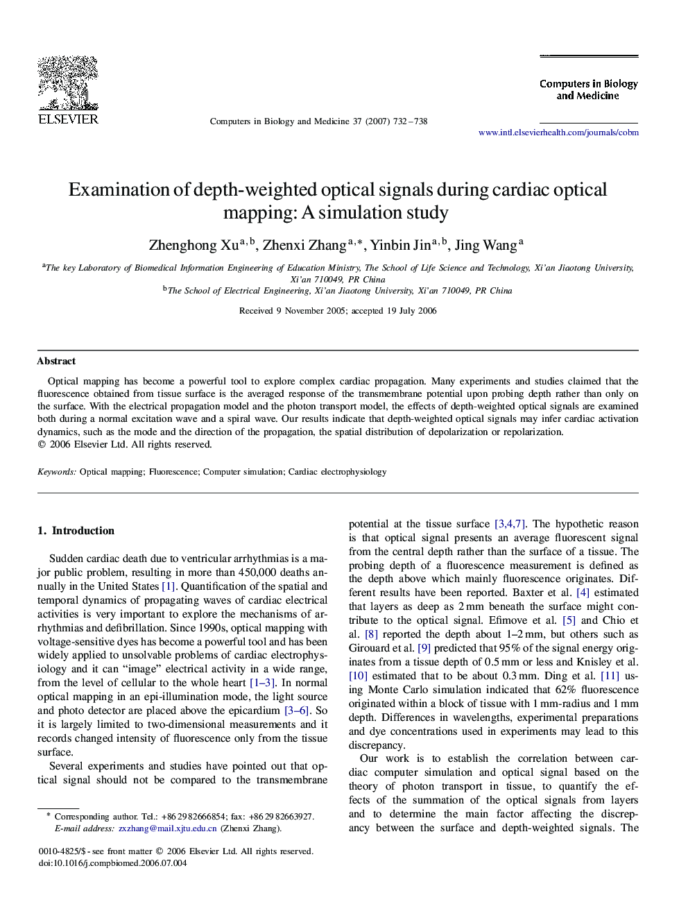 Examination of depth-weighted optical signals during cardiac optical mapping: A simulation study